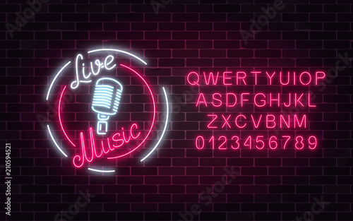 Neon sign of bar with live music and alphabet. Advertising glowing signboard of sound cafe with retro microphone