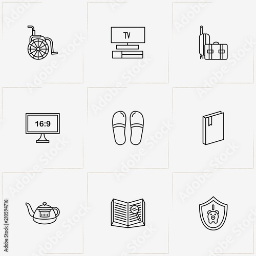 Pensioner line icon set with baggage, book and television