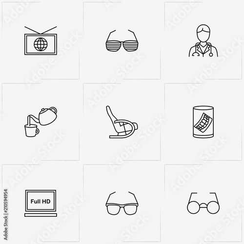 Pensioner line icon set with doctor , denture and tea pot