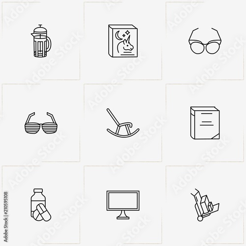 Pensioner line icon set with rocking chair , baggage and television
