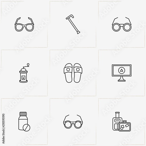 Pensioner line icon set with spectacles, baggage and television