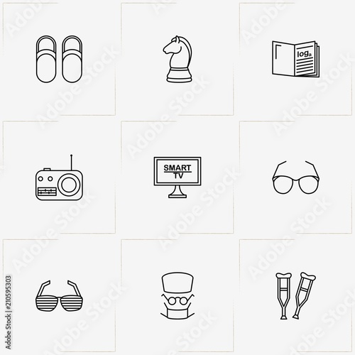 Pensioner line icon set with spectacles, television and radio