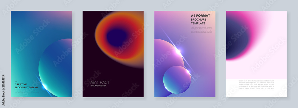 Minimal brochure templates with colorful abstract gradient blurs and geometric backgrounds. Templates for flyer, leaflet, brochure, report, presentation, advertising.