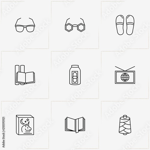 Pensioner line icon set with slippers, coil of thread and money box