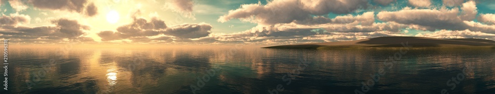 Panorama of a sea sunset, Seascape at sunset, Light above the water of a cloud in the sky.
3D rendering
