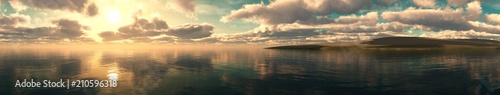 Panorama of a sea sunset  Seascape at sunset  Light above the water of a cloud in the sky.  3D rendering  