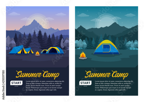 Vector morning and night mountains summer camp vertical banners