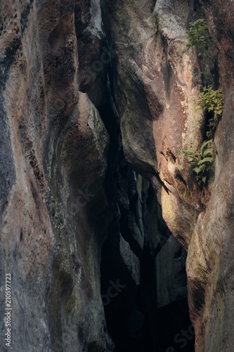 big canyon between mossy rocks 