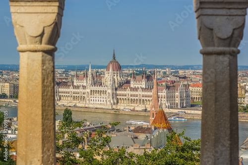 Budapest waterfront city scape distrcit from above in summer time bright colorful day photo