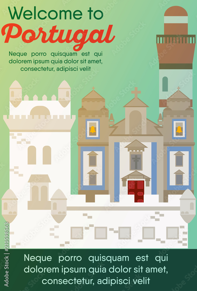 Landmarks banner in vector. Travel destinations card. Trip to Portugal. Landscape template of world places of interest.