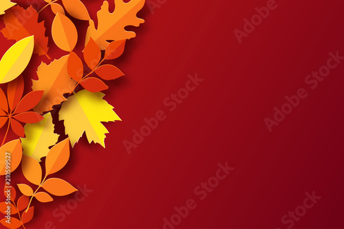 Paper autumn leaves colorful background. Trendy 3d paper cut style vector illustration