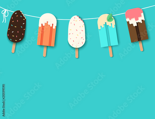 Template poster design with garland of paper ice cream with different confectionery and sauces. Summer sweets in modern paper art style, vivid colors.
