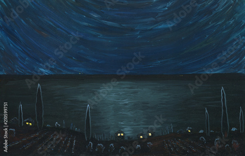 Night in a seaside village. Houses with lights in the windows. There is wide moon walk on the sea surfase. There are Trees and vineyard on the foreground. Oil painting