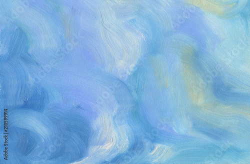 Big overlapping brushstrokes of oil painting texture for background. Spring sky palette in light blue and pale green colors.