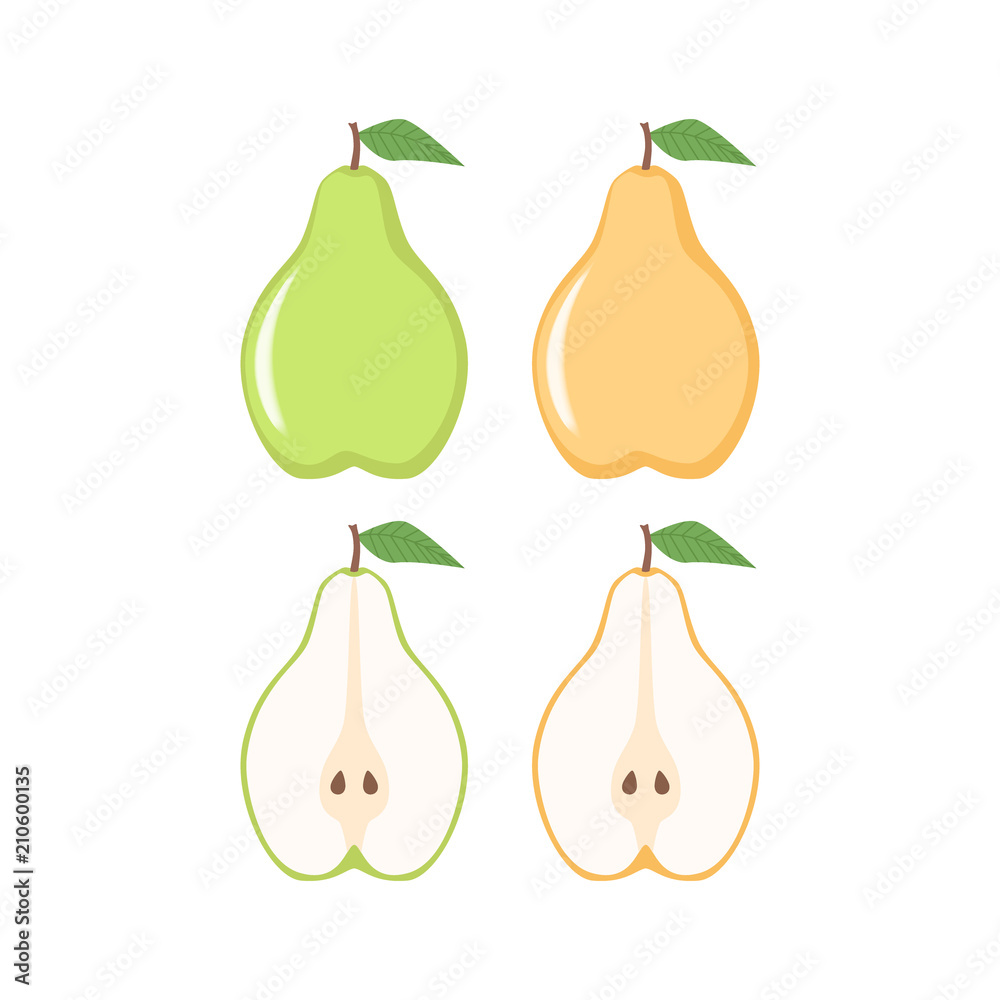 Pear icons, simple design, Green and yellow pears icon clip art. Sliced pear. Pear icons, simple design, Green and yellow pears icon clip art. Sliced pear.