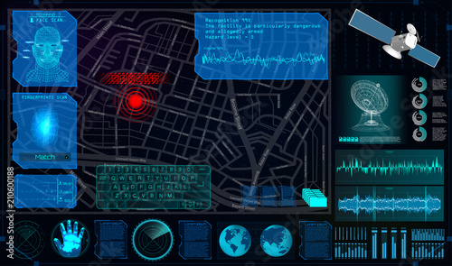 Search and Track a Person From Space in the Style of HUD. Search and Recognition on the Map and Demonstration on The Map. Tracking the Program for Espionage. Spyware In HUD Style. Vector Illustration