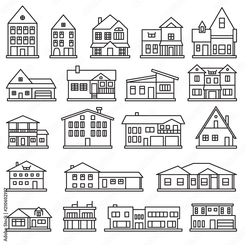 Buildings, home and house thin line icon set. Vector icons.