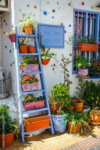 Εκτύπωση καμβά decorated facade of house with flowers in blue pots in Mijas, Spain