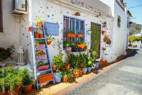 Canvas Print decorated facade of house with flowers in blue pots in Mijas, Spain