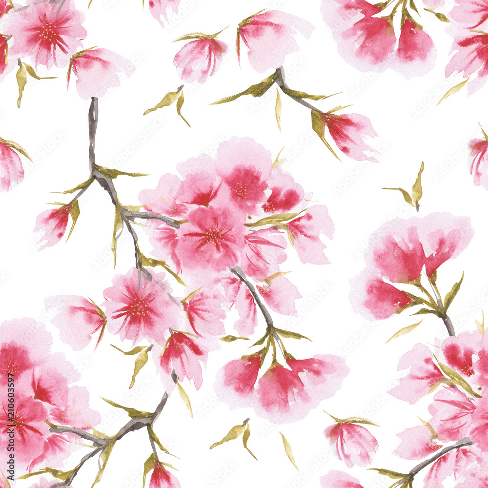 Watercolor cherry blossom seamless pattern