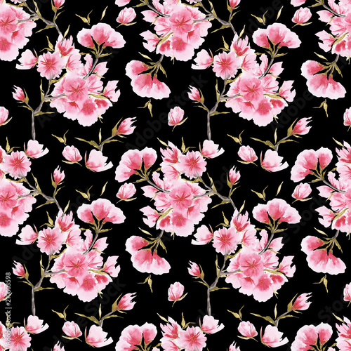 Watercolor cherry blossom seamless pattern