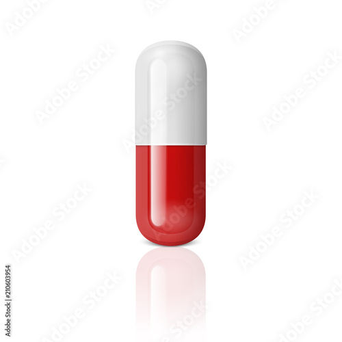 Vector realistic 3d white and red medical pill icon isolated on white background with reflection. Design template for graphics, banners. Vertical position