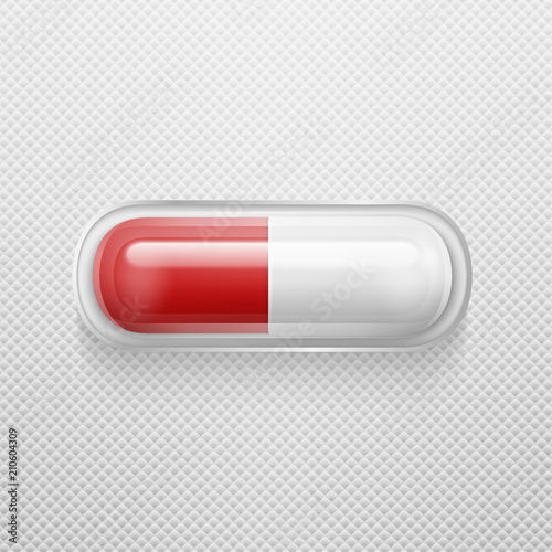Vector realistic 3d white and red medical pill in pack icon closeup. Design template for graphics, banners. Horizontal position