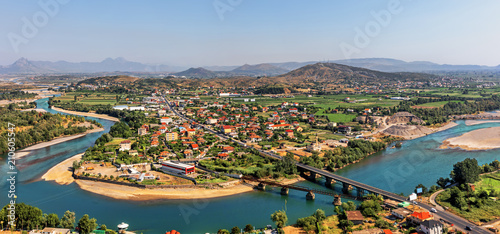 View at the valley of the river Buna and Bahcallek city from the Rozafa Castle, Shkoder, Albania.