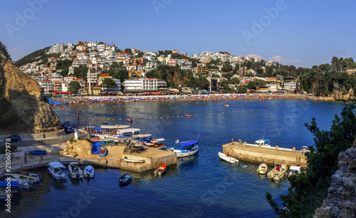 View of the bay, the beach and the city of Ulcinj in Montenegro.