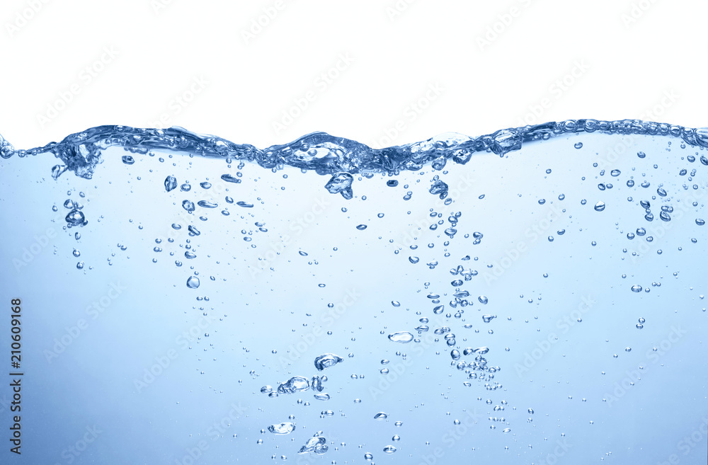water surface with splashes and air bubbles on white background - obrazy, fototapety, plakaty 