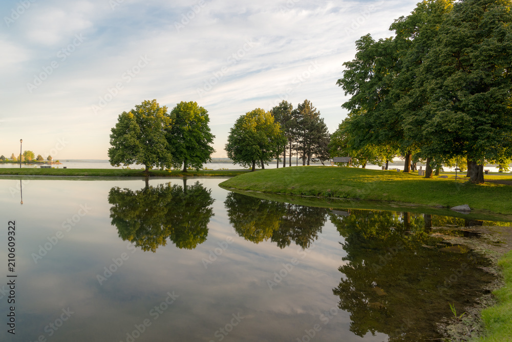 OTTAWA, ONTARIO / CANADA - JUNE 10 2018: TREES REFLECTION IN THE WATER IN THE MORNING.