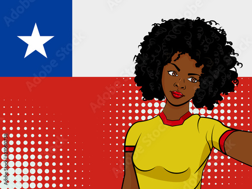 african american girl makes selfie in front of national flag Chile in pop art style illustration. Element of sport fan illustration for mobile and web apps