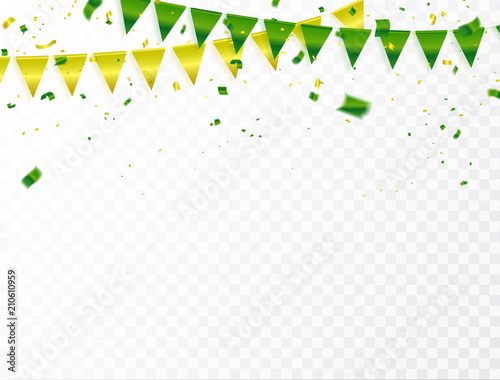Celebration background template with confetti and green and yellow ribbons.