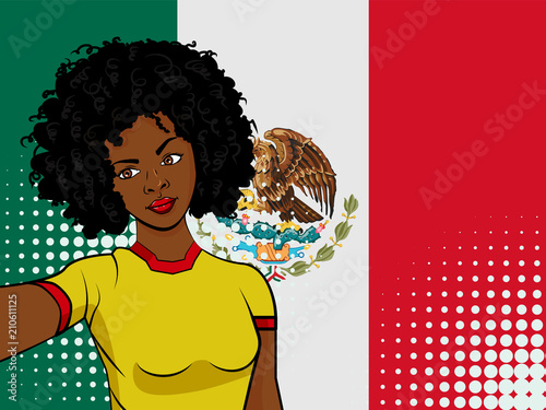 african american girl makes selfie in front of national flag Mexico in pop art style illustration. Element of sport fan illustration for mobile and web apps