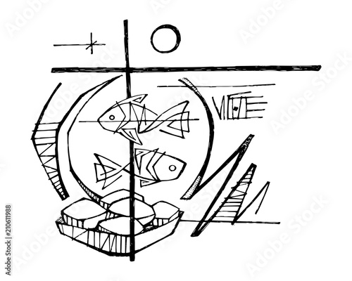 Five breads and two fish biblical illustration