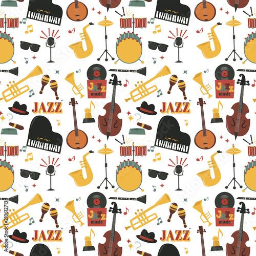 Jazz musical instruments tools background jazzband piano saxophone music seamless pattern sound vector illustration rock concert note.