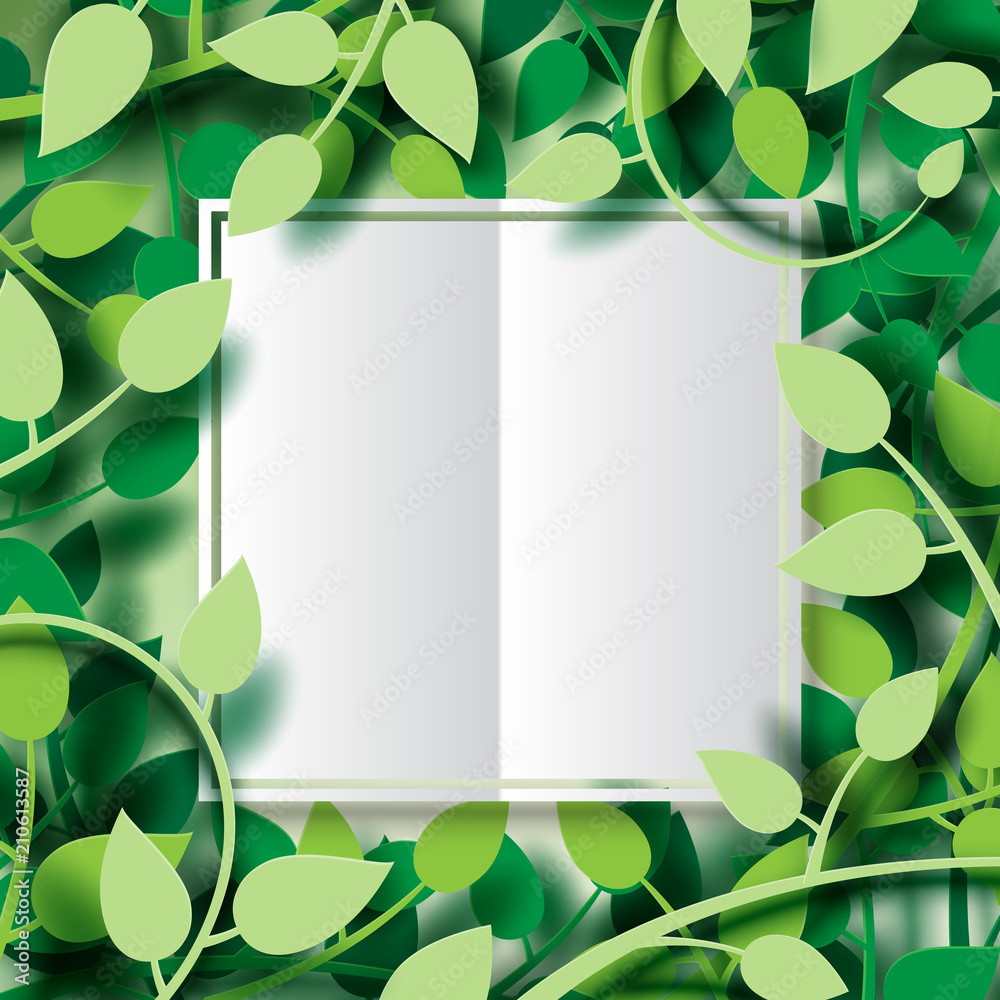 Paper cut of tropical green leaves with white origami paper frame layout template abstract background.Vector illustration.