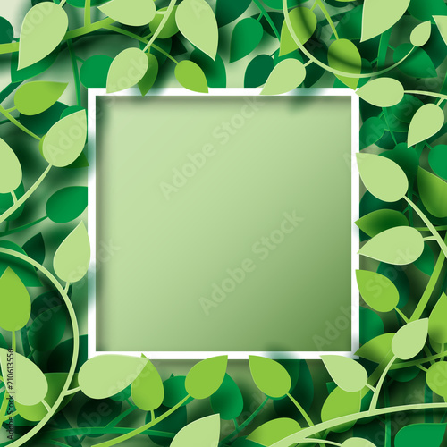 Tropical green leaves of plants with origami white frame paper cut layout template background.Vector illustration.