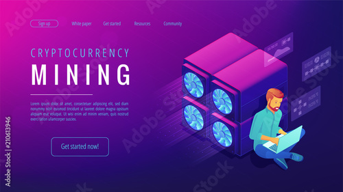 Isometric cryptocurrency mining landing page concept. Blockchain global system, video card server farm, data processing unit equipment on ultra violet background. Vector 3d isometric illustration.