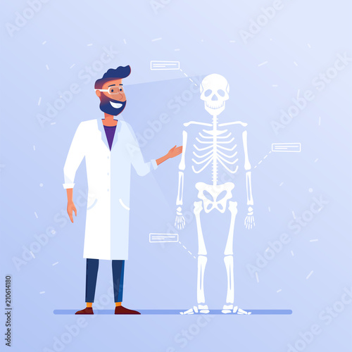 White doctor in VR headset with virtual skeleton hud interface symbolizing virtual reality medicine education