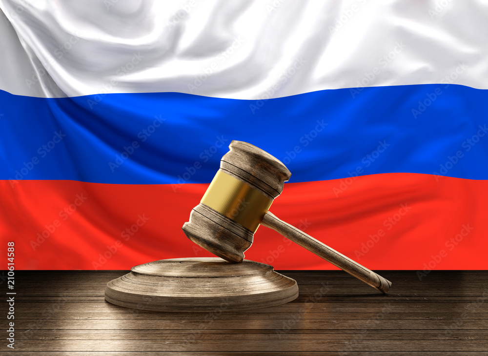 flag of Russia russian and wooden judge gavel 3d-illustration