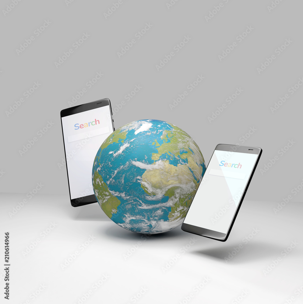 two mobile phones and world earth 3d-illustration