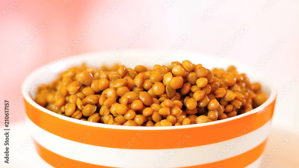Lentil beans, healthy source of dietary fibre and protein, in bowl closeup with copy space.