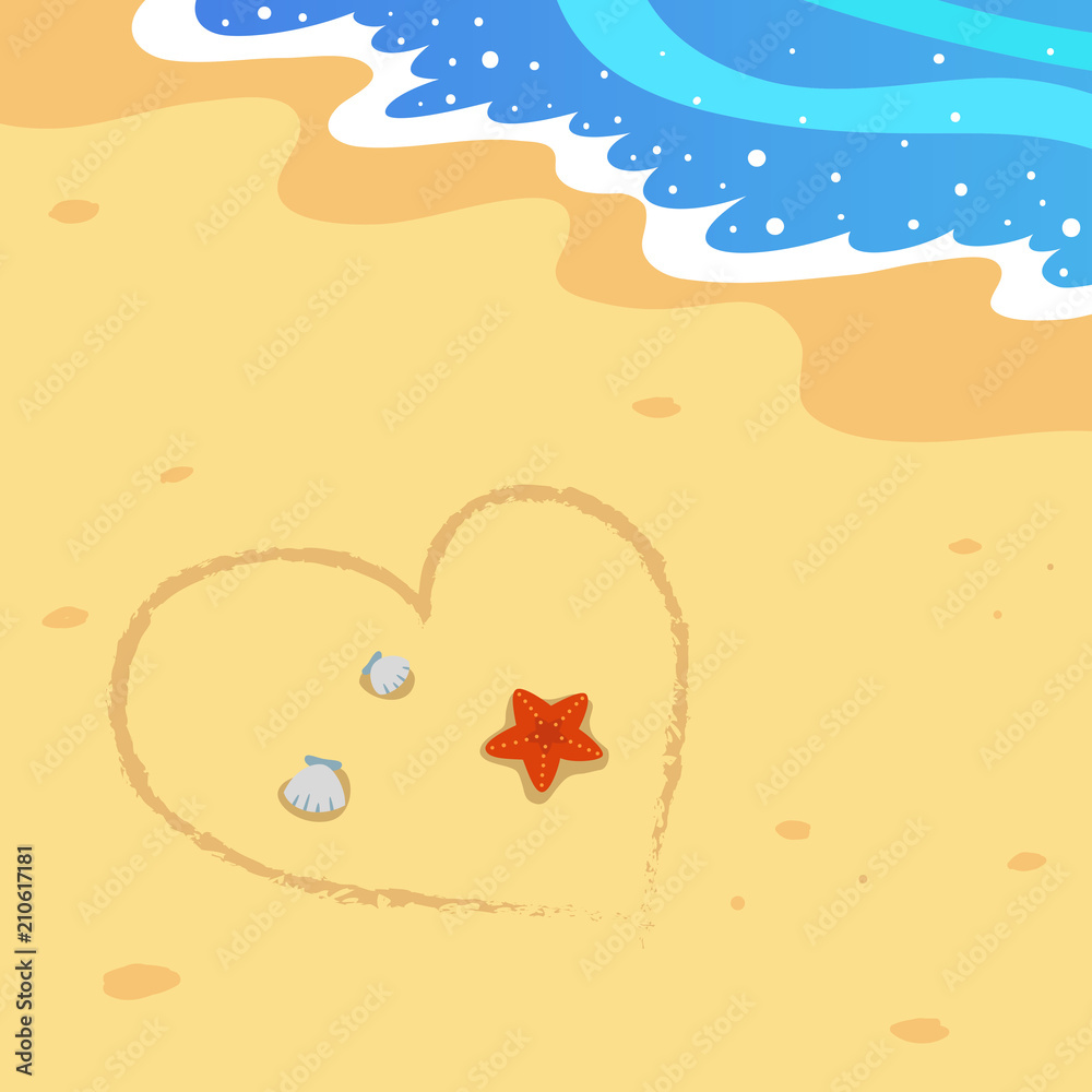 Summer beach with drawn heart on sand Summer beach with drawn heart on sand