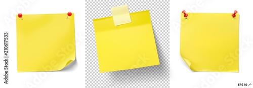 Yellow stick paper notes with push pins and tape on white background. Vector illustration. Can be use for your design, presentation, promo, adv. EPS10. photo