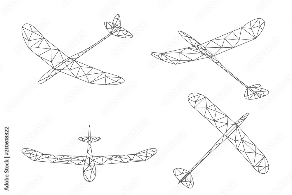 Glider plane and cloud wireframe low polygon set, Editable stroke