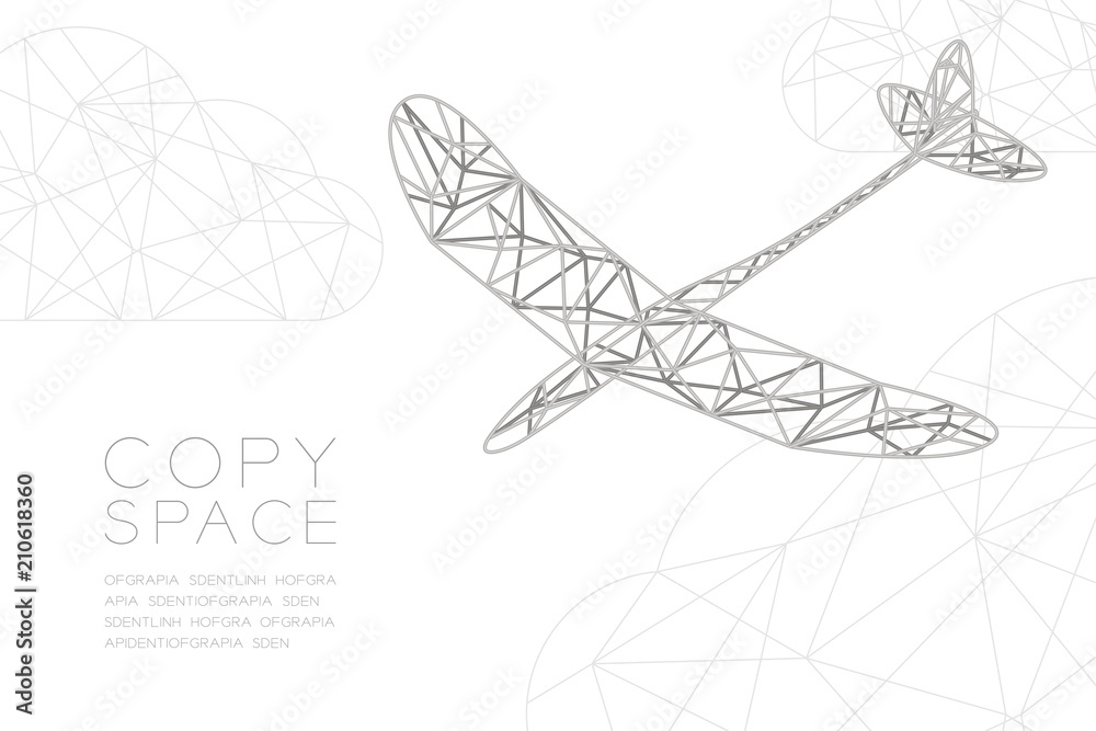 Glider plane silver color and cloud wireframe Low polygon frame