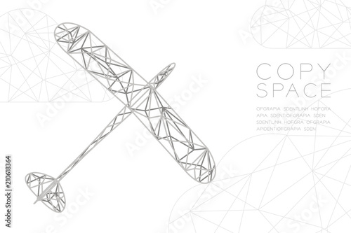 Glider plane silver color and cloud wireframe Low polygon frame structure, business travel concept design illustration isolated on black gradient background with copy space, vector eps 10