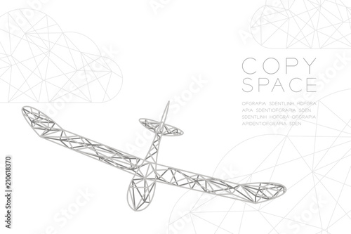 Glider plane silver color and cloud wireframe Low polygon frame structure, business travel concept design illustration isolated on black gradient background with copy space, vector eps 10