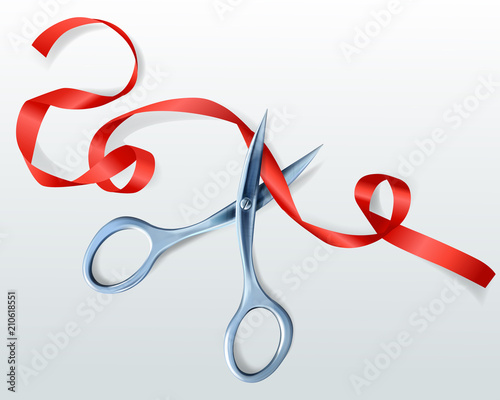 Scissors cutting red ribbon vector illustration for award ceremony or grand opening celebration design element template